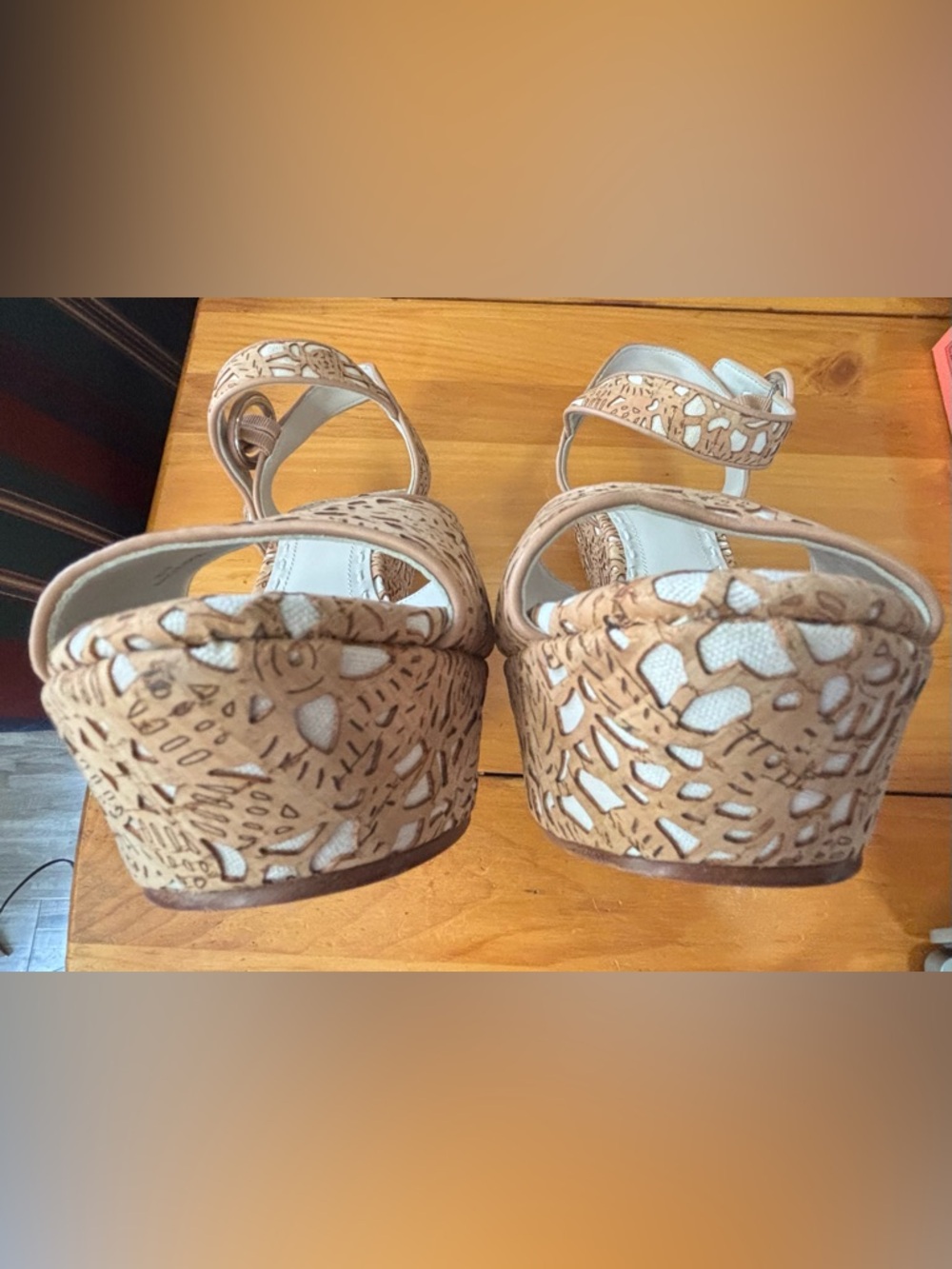 Alice + Olivia Tan and White Laser-Cut Floral Wedge Sandals- size 41 - Picture 6 of 16